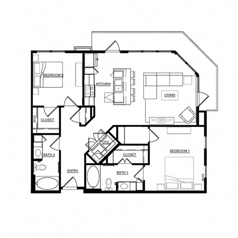 Floor plan for 2 beds, 2 baths, 1085 sqft